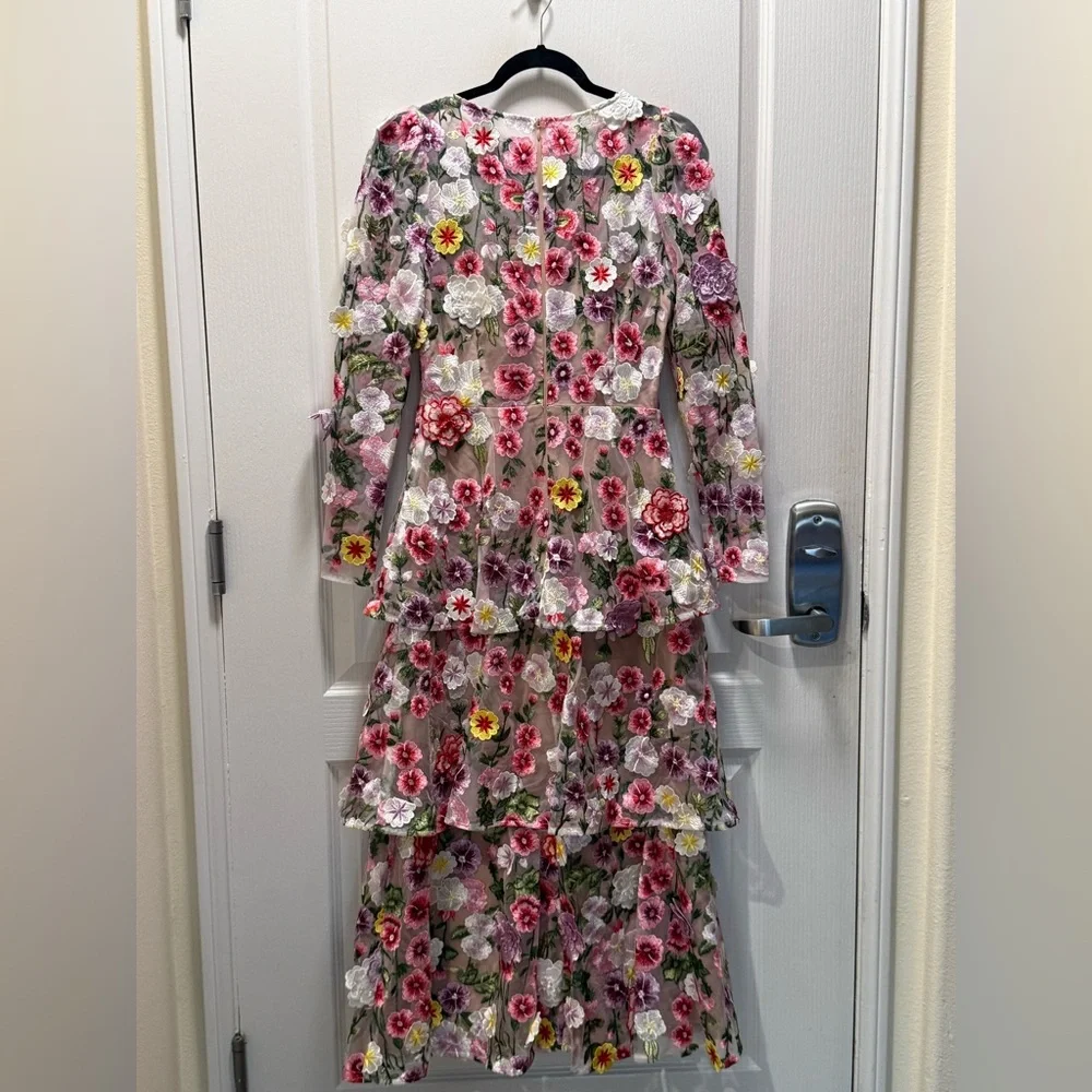 ELLIATT Neve Floral Tiered Gown Size S NWT Romantic Embroidered Mesh Midi Dress - Picture 6 of 8